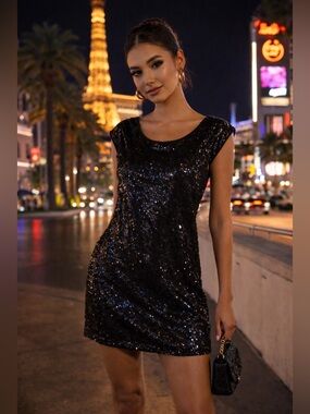 Black Sequin Mini Dress Sparkly Shift Party l Y2K Glam Night Out Cocktail size M